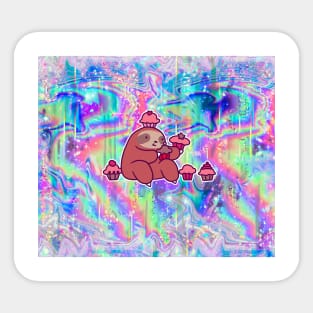 Sloth Eating Cupcakes Rainbow Holographic Sticker